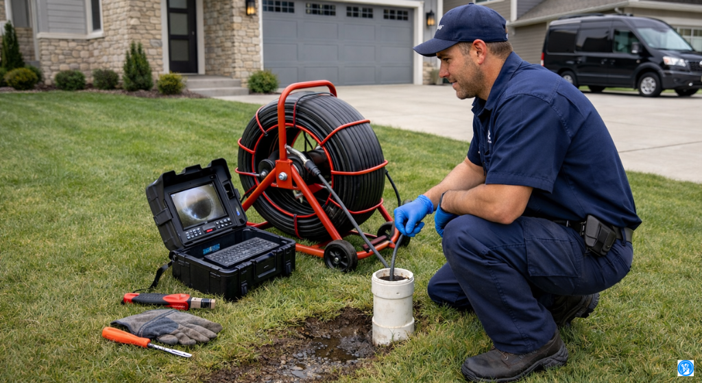 Professional plumber inspecting underground sewer line with camera equipment outside a modern Indianapolis home
