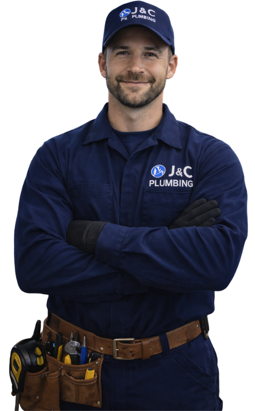 Professional plumber in blue uniform with tool belt standing confidently in Indianapolis