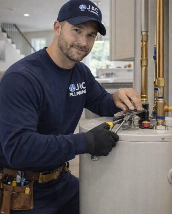 Plumbing technician installing water heater in Indianapolis home