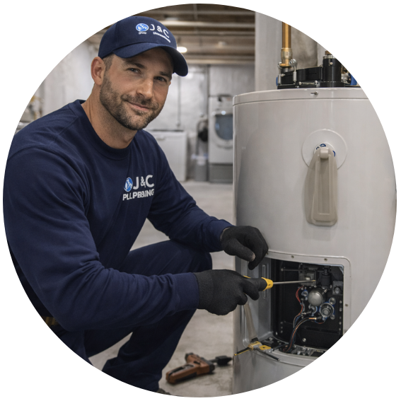 J & C technician repairing water heater and providing septic tank pumping in Indianapolis